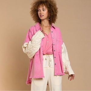 POL button down jacket shacket with sweater sleeves Pink Ivory size Large